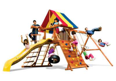 Детская игровая площадка Rainbow Play System Fiesta Castle Package II Веревочная лестница, колесо с вращением на 360&ordm;. Внешнее игровое пространство при компактных размерах.
Высота игровой платформы: 1.47 м.​
Игровой форт на сваях​: 1,25 х 1,40 м
Размеры с качельной балкой (ДхШхВ):​ 6,25х3,35х3,35м.
Рекомендуемый возраст детей: 3-9 лет.
